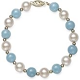 Belacqua Natural Blue Aquamarine and Cultured Freshwater Pearl Bracelet in 14K Yellow Gold Beads, Size - 8.0-8.5mm, Length - 6.5-8.5 Inches, Real Pearl Jewelry for Women, Gift Box Included