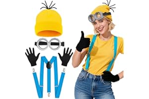 VersaCharm 4 Pcs Halloween Costume Accessories for Adult Kids Goggles Yellow Beanie Gloves Suspenders - Cosplay Party Dress Up