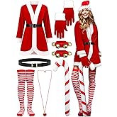 Skicuff 9pcs Women Christmas Santa Claus Costume Mrs Claus Velvet Dress with Belt Striped Knee Socks Hat Gloves Elf Shoes