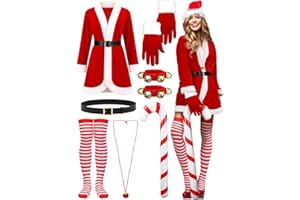 Skicuff 9pcs Women Christmas Santa Claus Costume Mrs Claus Velvet Dress with Belt Striped Knee Socks Hat Gloves Elf Shoes