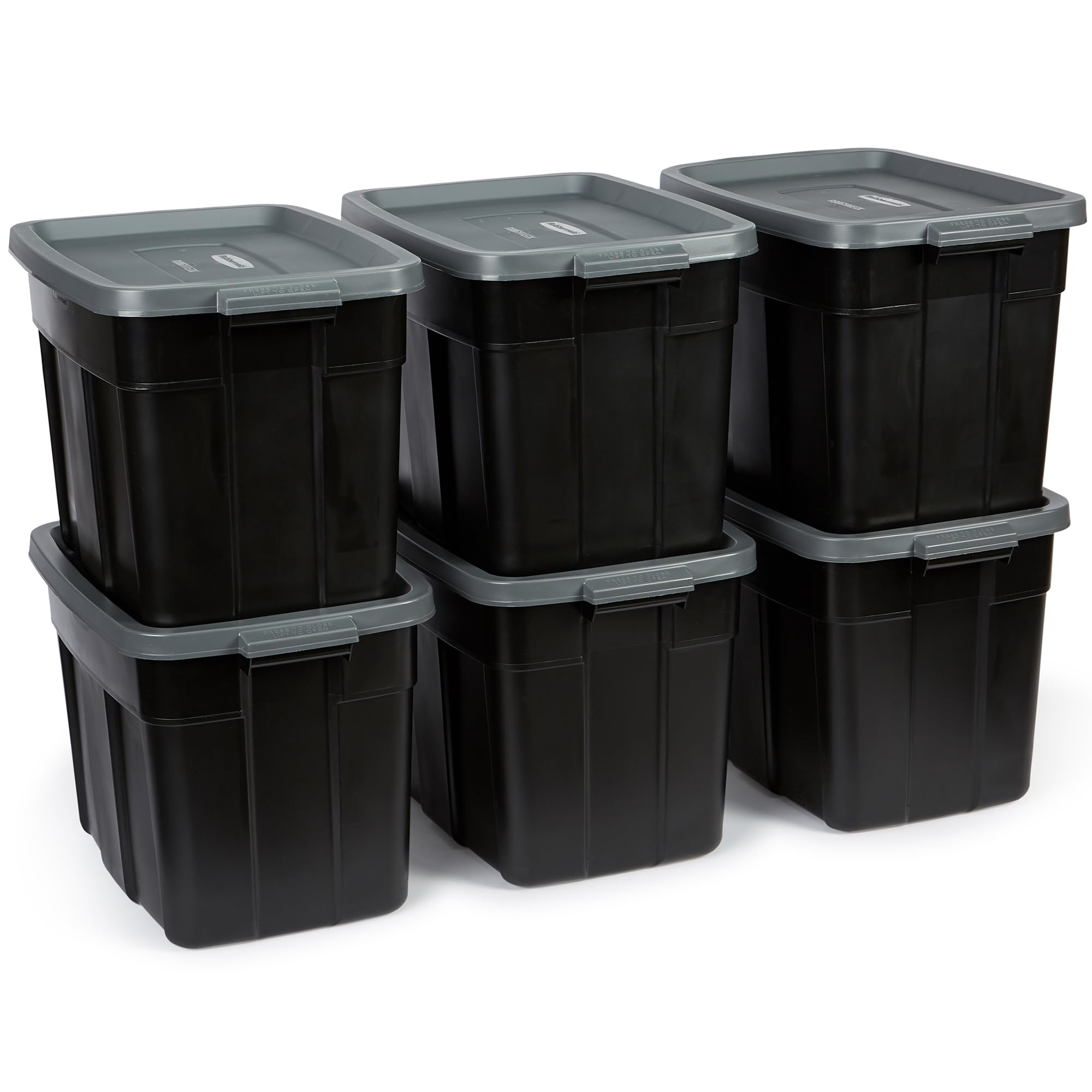 Photo 1 of ****************There’s only 3 Bins and 2 lids******************
Rubbermaid Roughneck Tote 18 Gal, 6 Pack, Made in USA, Black & Gray, Rugged Plastic Stackable Storage Bins with Lids and Handles