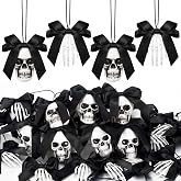 Poen 24 Pcs Halloween Tree Ornament Horror Black Bow Skull Skeleton Decor | Spooky Small Plastic Skeleton Black Bow Heads and Hand, Gothic Horror Party for Trees Indoor Outdoor, Haunted House Trim