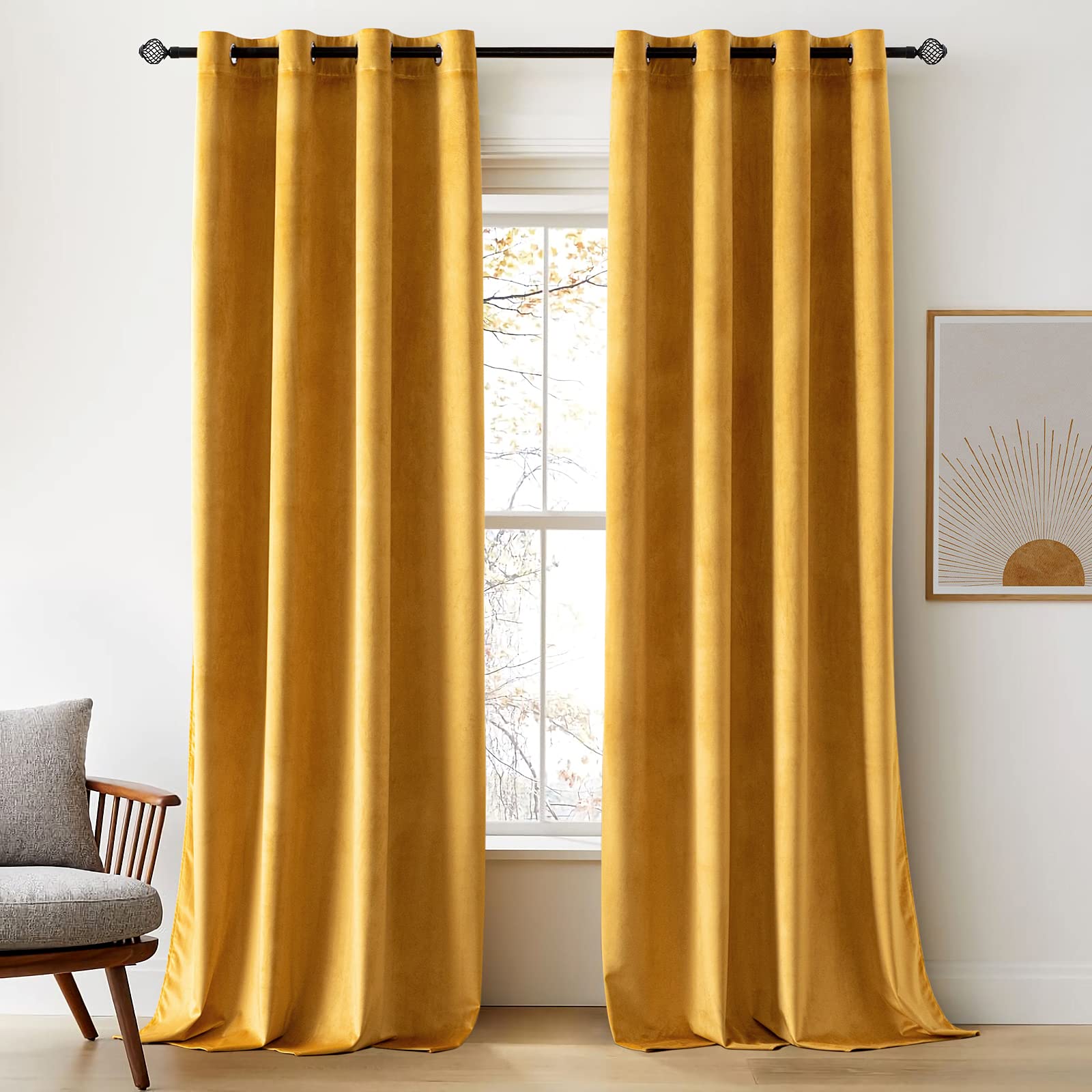 Woaboy Velvet Curtains 90 Drop Mustard Yellow Curtain for Living Room Thermal Blackout for Bedroom Luxury Eyelet Drapes Soft Window Treatment Insulated Soundproof & Room Darkening W 46 x L 90 2 Panels — image 1