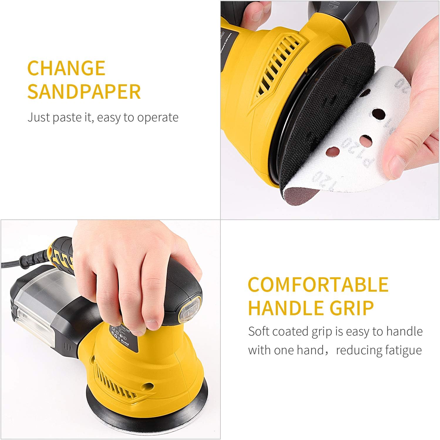 Orbital Sander, Ginour 125MM Random Orbit Sander 13000RPM, 6 Variable Speed, 15Pcs Sandpapers