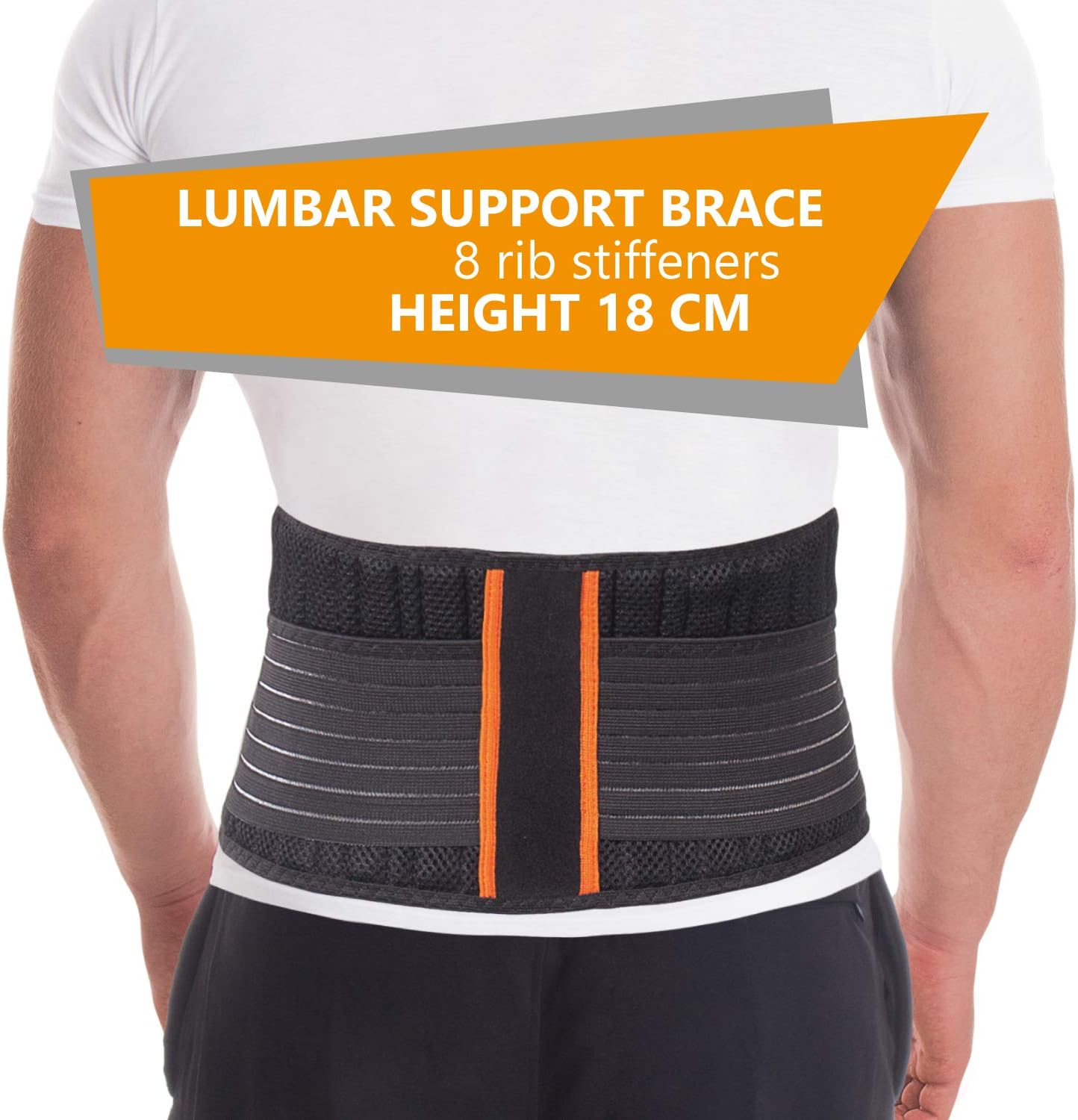 Lumbar Support Brace 8 Rib Stiffeners Height 18 cm Black Large - Image 4