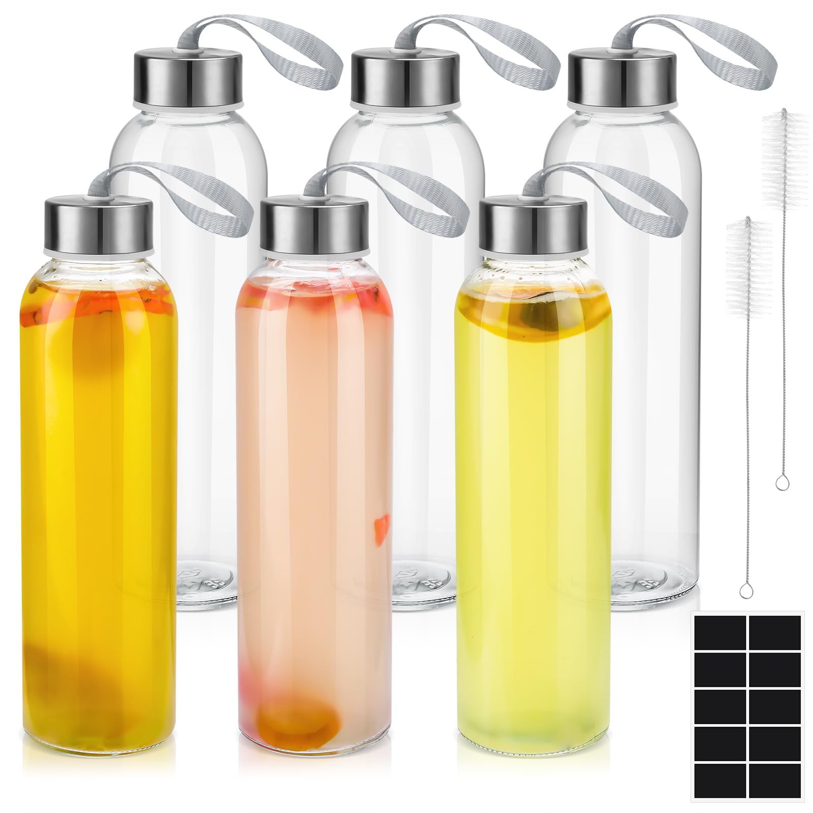Invalidism Glass Bottles with Lids, 6 Pack 500ml Empty Glass Water Bottles, Airtight, Leakproof, Stainless Steel Lids, Smoothies, Juice Bottles with Cleaning Brush for Work, Gym, Home