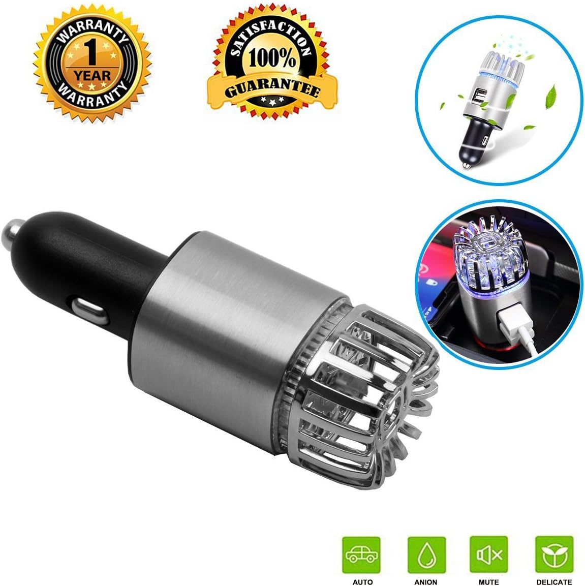 Car Air Purifier Ionizer Freshener - SEAMETAL With 2 Smart USB Ports Smart Car Charger Car Air Freshener and Ionic Air Cleaner Purifier Remove Dust Pollen Smoke and Bad Odors Available for Your Auto or RV (Silver)