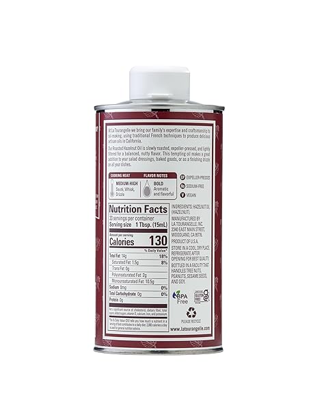 LA TOURANGELLE ROASTED HAZELNUT OIL, HIGH-OLEIC OIL GREAT FOR BAKING, STIR-FRYING, AND VINAIGRETTES, 16.9 FL OZ