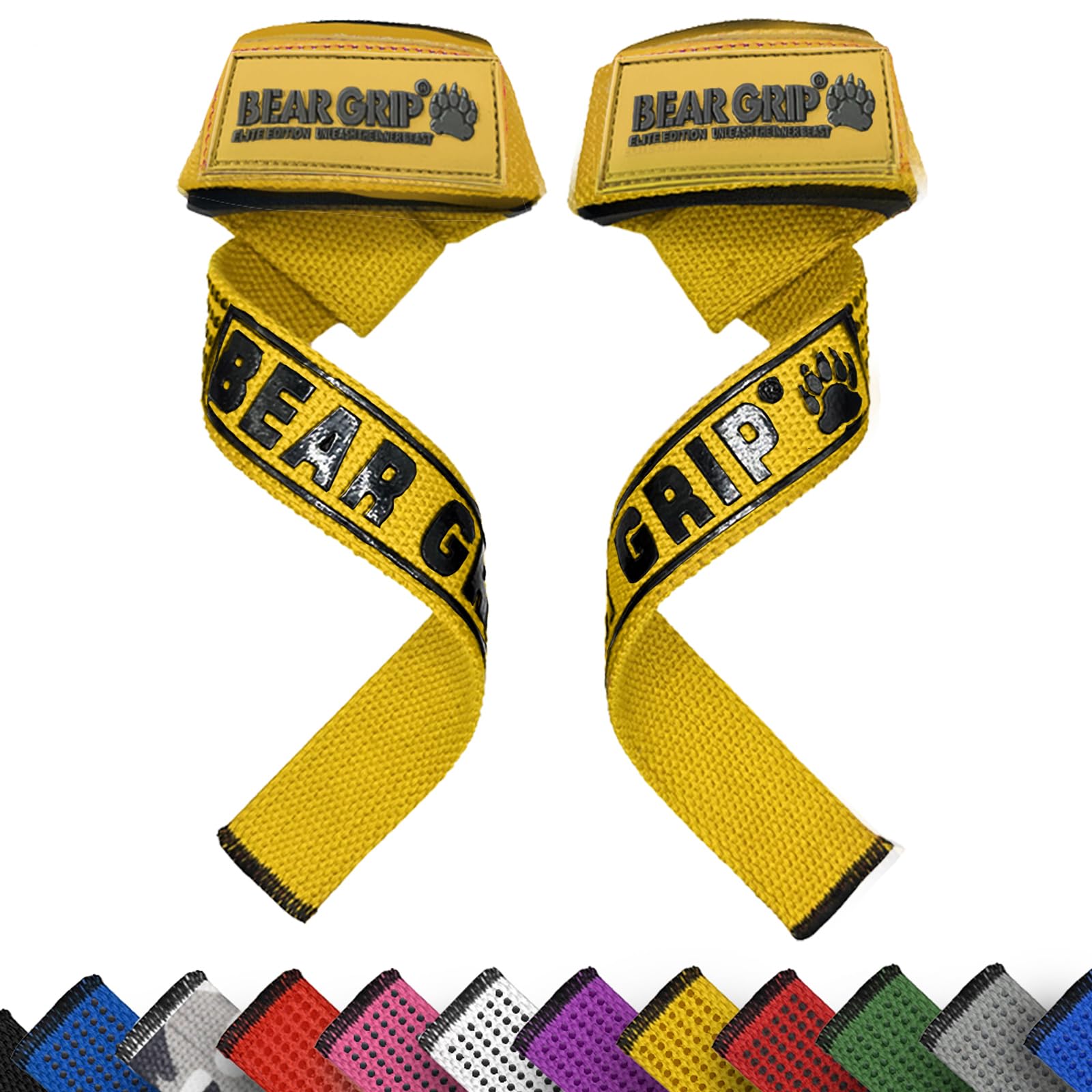 BEAR GRIP Straps - Premium Neoprene padded Heavy Duty double stitched weight lifting gym straps, Gel grip, 100% cotton, Extra long length (Yellow)