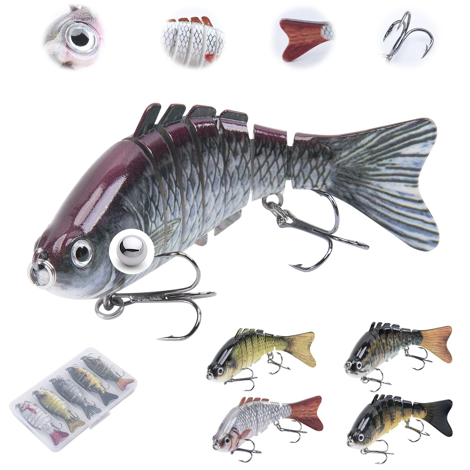 Matymats 5pc Pike Fishing Lures - Multi Jointed Bass & Trout Lures, Slow Sinking Swimbaits for Sea Fishing, Perfect Gifts for Men