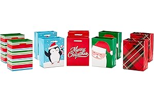 Hallmark Image Arts 5" Small Christmas Gift Bag Bundle (10 Bags: Santa, Plaid, Stripes, Penguin) for Kids, Coworkers, Gift Cards, Party Favors