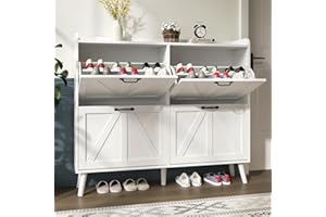 NOVAMAISON Shoe Cabinet with 4 Flip Drawers, Large Hidden Shoe Storage Cabinet Slim, Freestanding Farmhouse Shoe Organizer Cabinet for Entryway, Narrow Shoe Cabinet with Wooden Legs, White