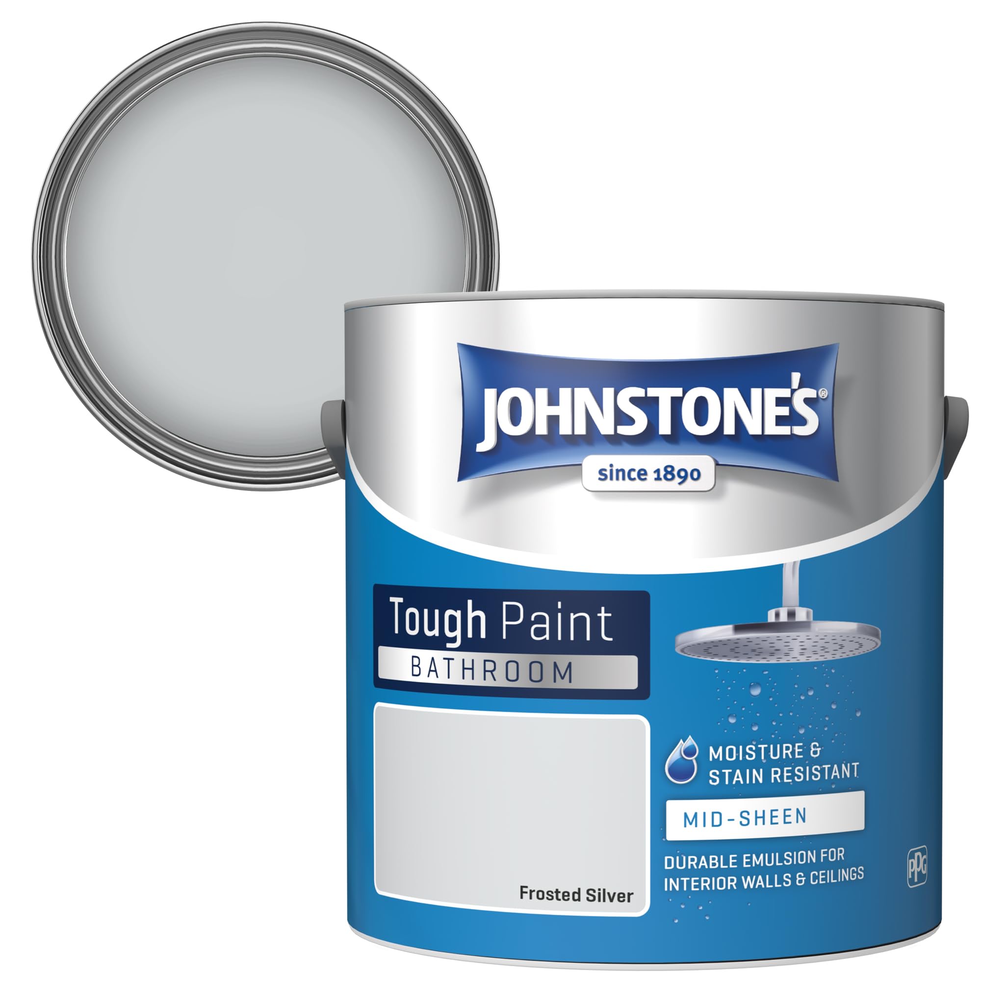 Johnstone's - Bathroom Paint - Frosted Silver - Mid Sheen Finish - Stain Blocker Paint - Use in Moist & Damp Areas- Low Odour - Dry in 1-2 Hours - 12m2 Coverage per Litre - 2.5L