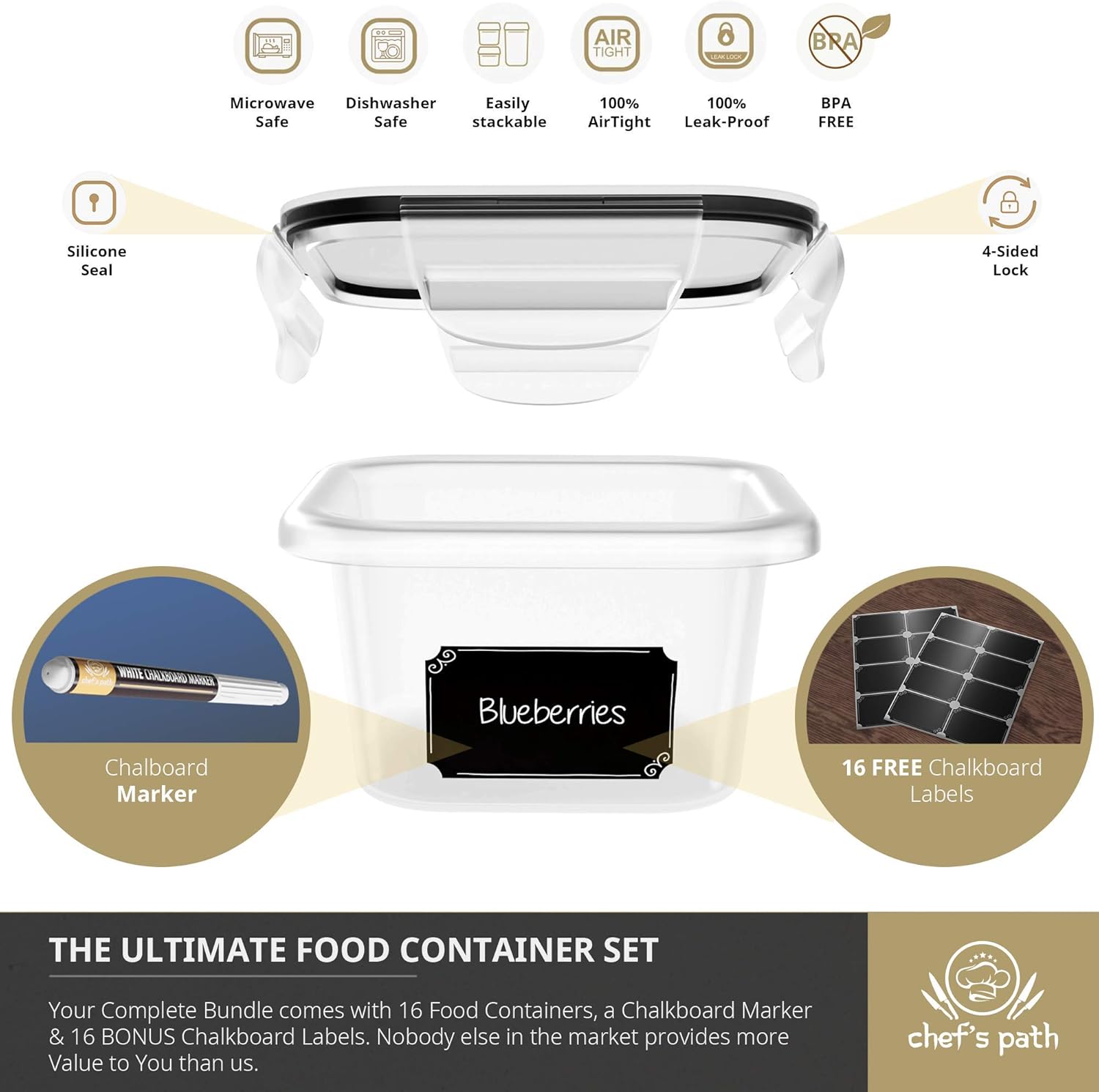Food Storage Containers Set - Airtight Plastic Containers with Easy Snap Lids (16 Pack) - Leak Proof Kitchen & Pantry Organization - BPA-Free - 16 Chalkboard Labels & Marker - Chef’s Path: Kitchen & Dining