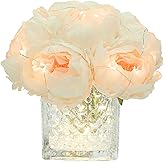 GreenHouzz Artificial Peony Silk Flower Centerpieces with LED Light Faux Floral Arrangement in Glass Vase for Home Wedding Table Decoration (Cream White)