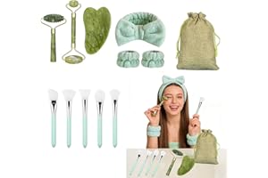 Gua Sha Facial Tool Set – 12‑Piece Jade Roller and Gua Sha Stone Kit with Face Mask Brushes, Headband, Wristbands and Pouch –