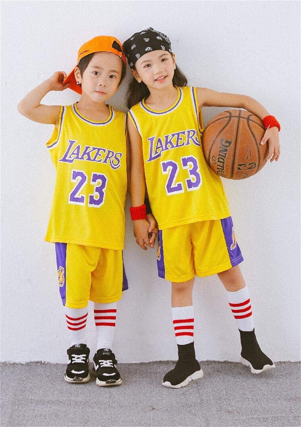 Basketball Uniform Tops and Shorts for Children baby Lakers # 23 James Jerseys Sports Vest Shorts Basketball T-shirt for Basketball Fans(Size75-165 Cm)