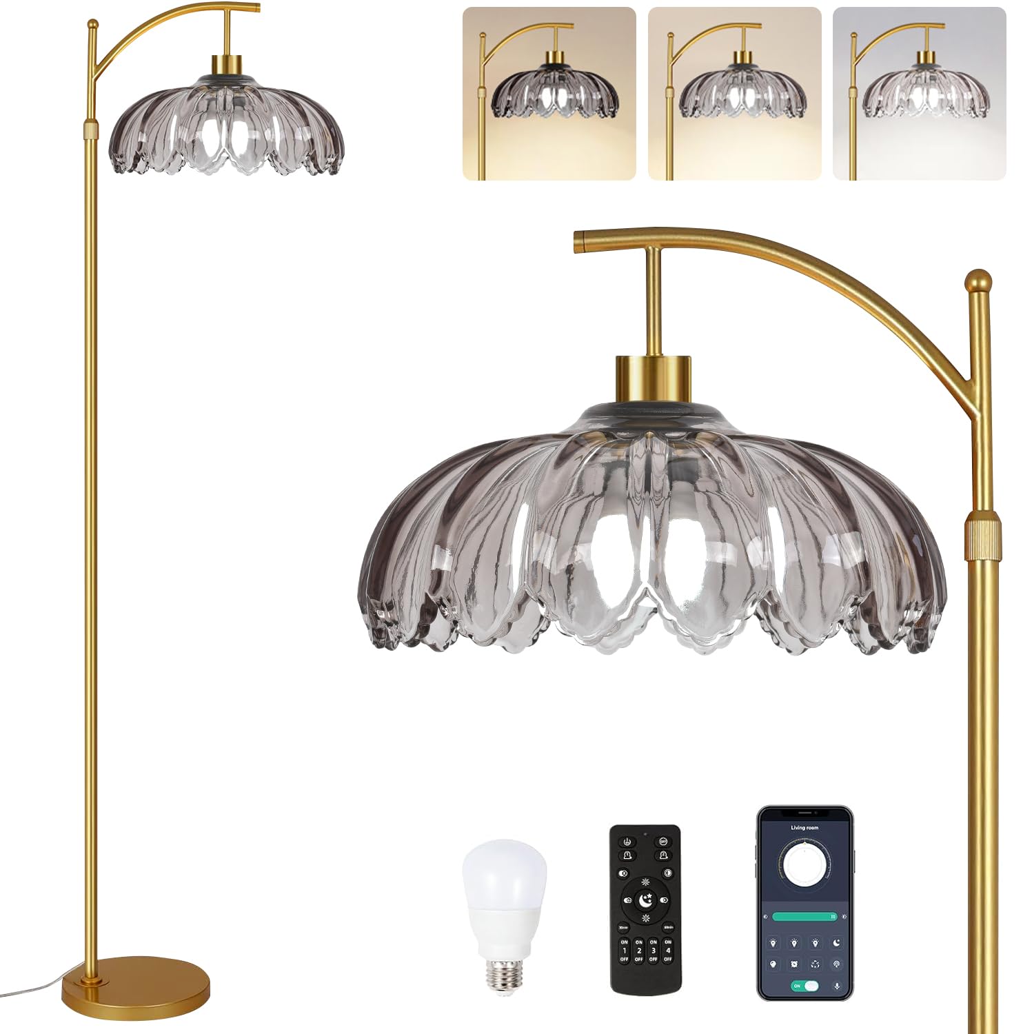 Photo 1 of ILLMTW Floor Lamp for Living Room,Bedroom,Gold Dimmable Standing Lamp with Remote,Mid Century Modern Brass Tall Lamp Retro Vintage Grey Glass Lamp Floor Light Boho Bohemian