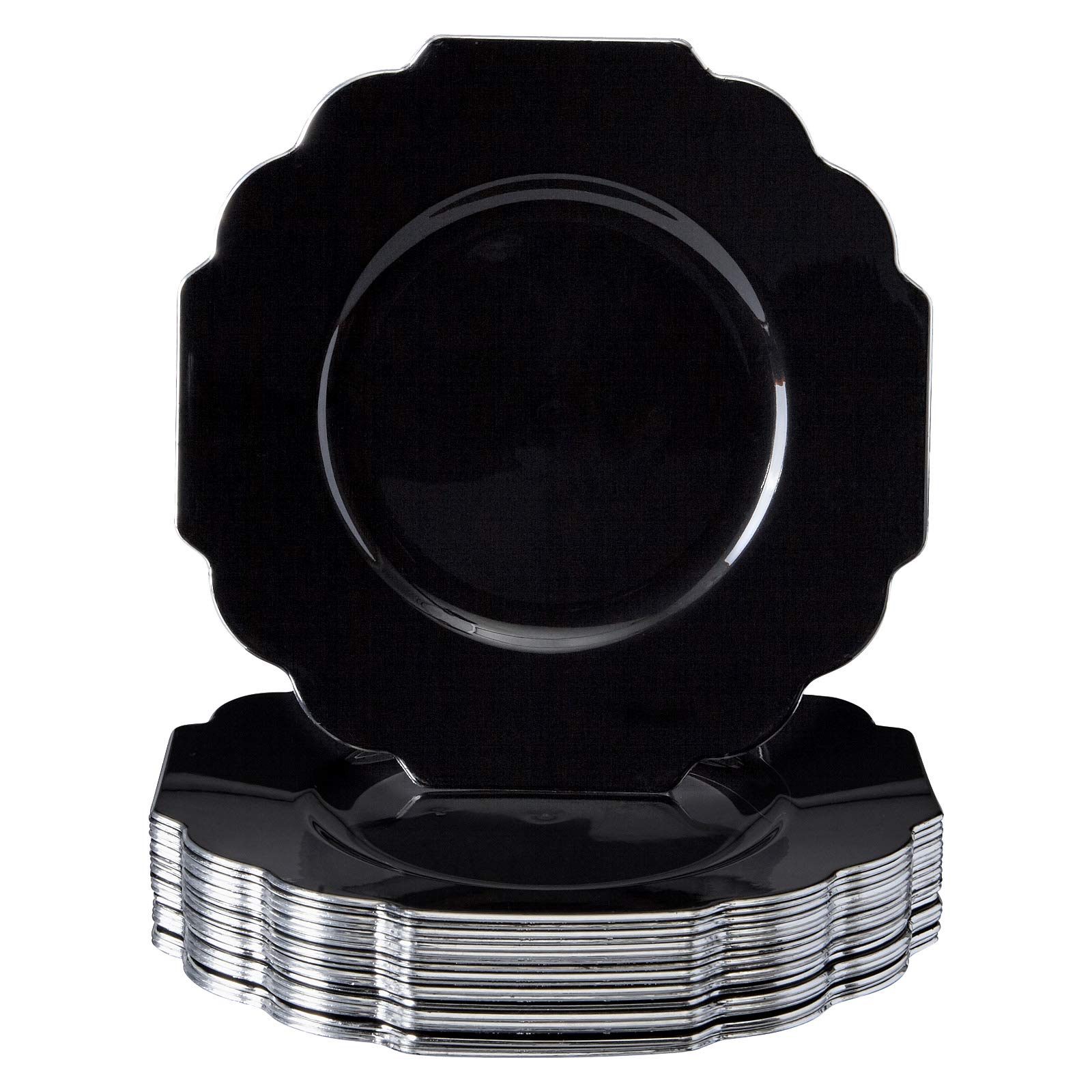 Fancy Plastic Plates for Party with Scalloped Rim (10 PC), Disposable Heavy-Duty Dinner Plates for Wedding Reception - 10.75”, Fancy Plastic Dinnerware Sets with Silver Edge for Upscale Events - Black