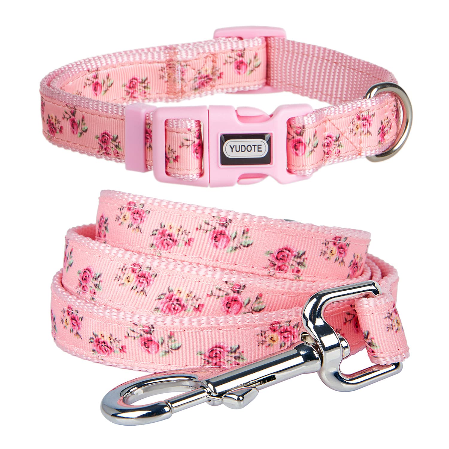 YUDOTE Floral Dog Collar and Lead Set Medium,Strong Pink Nylon Collar and Leash Combo for Active Female Dogs Daily Use,Floral Pink