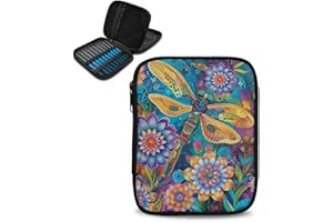 Vanideaoty Boho Floral Crochet Hook Case Portable Dragonfly Crochet Hook Organizer with Web Pockets Knitting Needle Case for Knitting Crochet Supplies