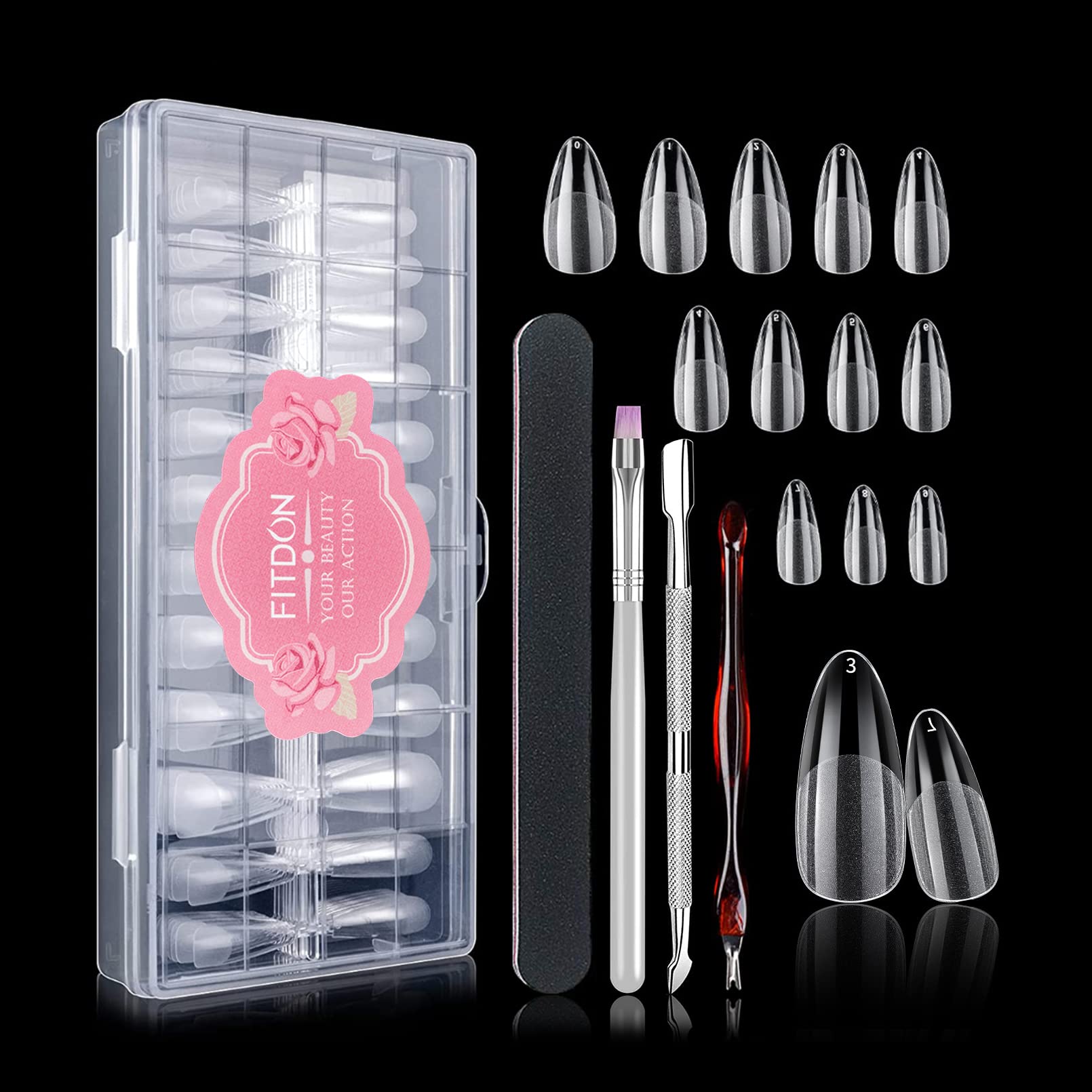 FITDON 240PCS Stiletto False Nail Tips, Clear Medium Almond Acrylic Nail Tips Full Cover Artificial Fake Nails for Nail Salons and DIY Nail Art