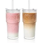 SoulTimes 20oz Ribbed & Floral Glass Tumbler Set of 2 – Reusable Glass Cups with Lid and Glass Straw, Iced Coffee Cups for Water, Smoothie, Milk, Cocktail & More – Perfect for Daily Use & Travel