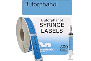 MERMED Butorphanol Anesthetic Syringe Drug Labels - Box of 800 Labels on Roll (1" Core) - 12mm x 40mm (Approx 0.5" x 1.5"). Latex-Free Permanent Adhesive. Write-On Surface. Pre-Printed. Color-Coded.