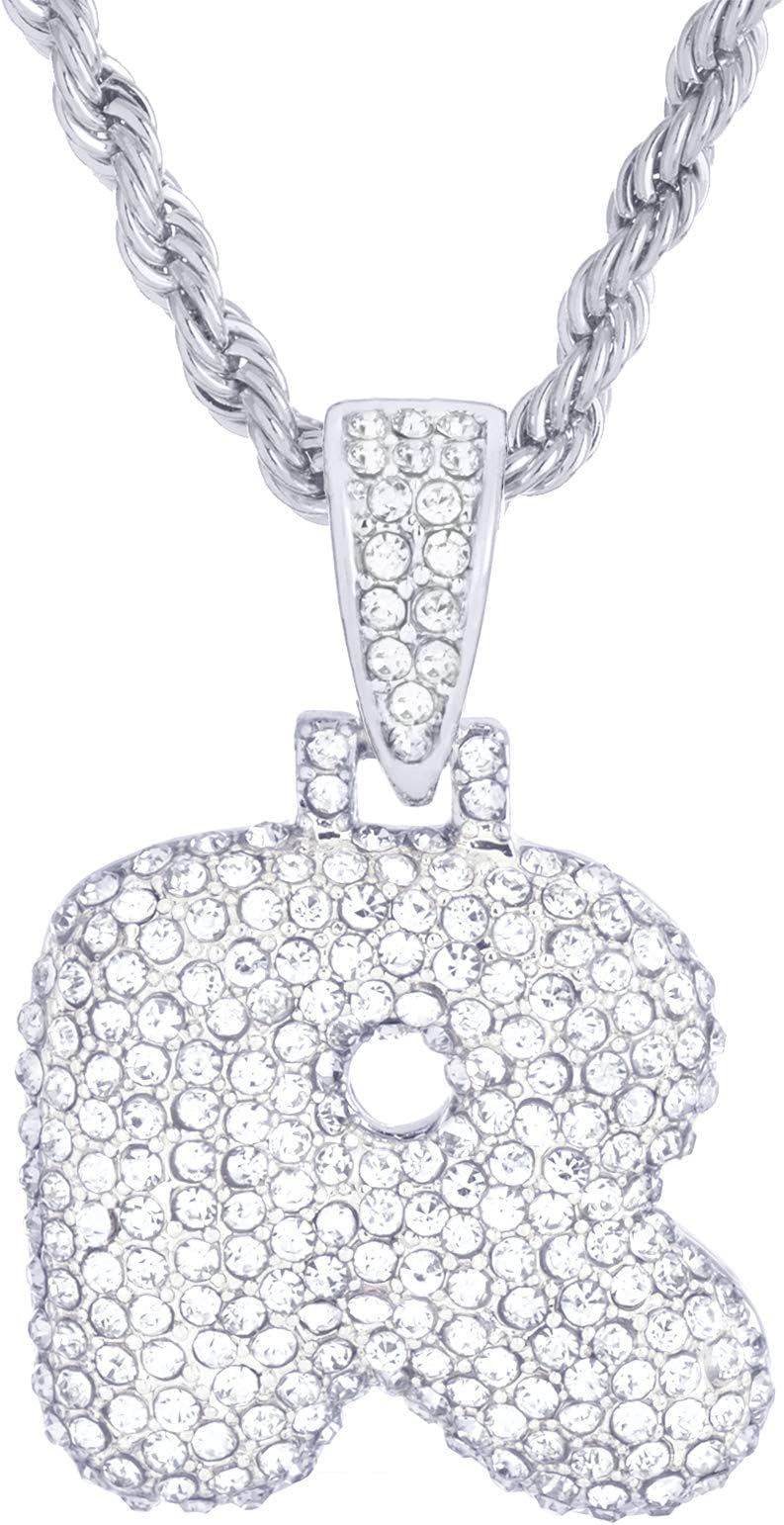 metaltree98 20" Chain A - Z Initial Bubble Letter Silver Plated Iced CZ Pendant Necklace