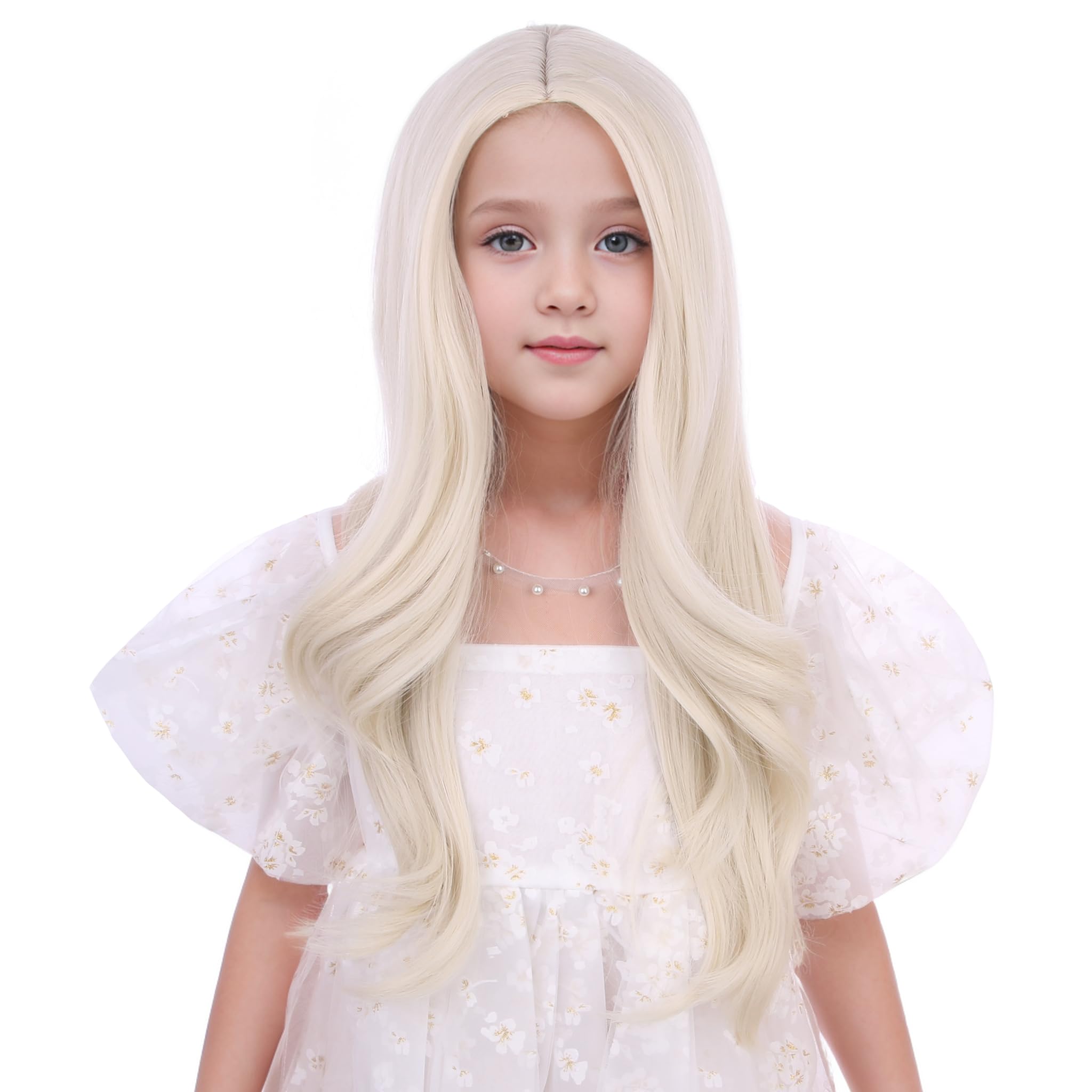 Photo 1 of DUDUWIG White Blonde Wig for Child Gilrs Long Platinum Blonde Middle Part Wig Kids Long Light Blonde Wavy Curly Wig Heat Resistant Synthetic Wig with Wig Cap
