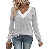 Yousify Women V Neck Striped Shirt Puff Ruffle Trim Long Sleeve Tunics Fall Basic Work Tops Casual Fleece Thermal Shirts