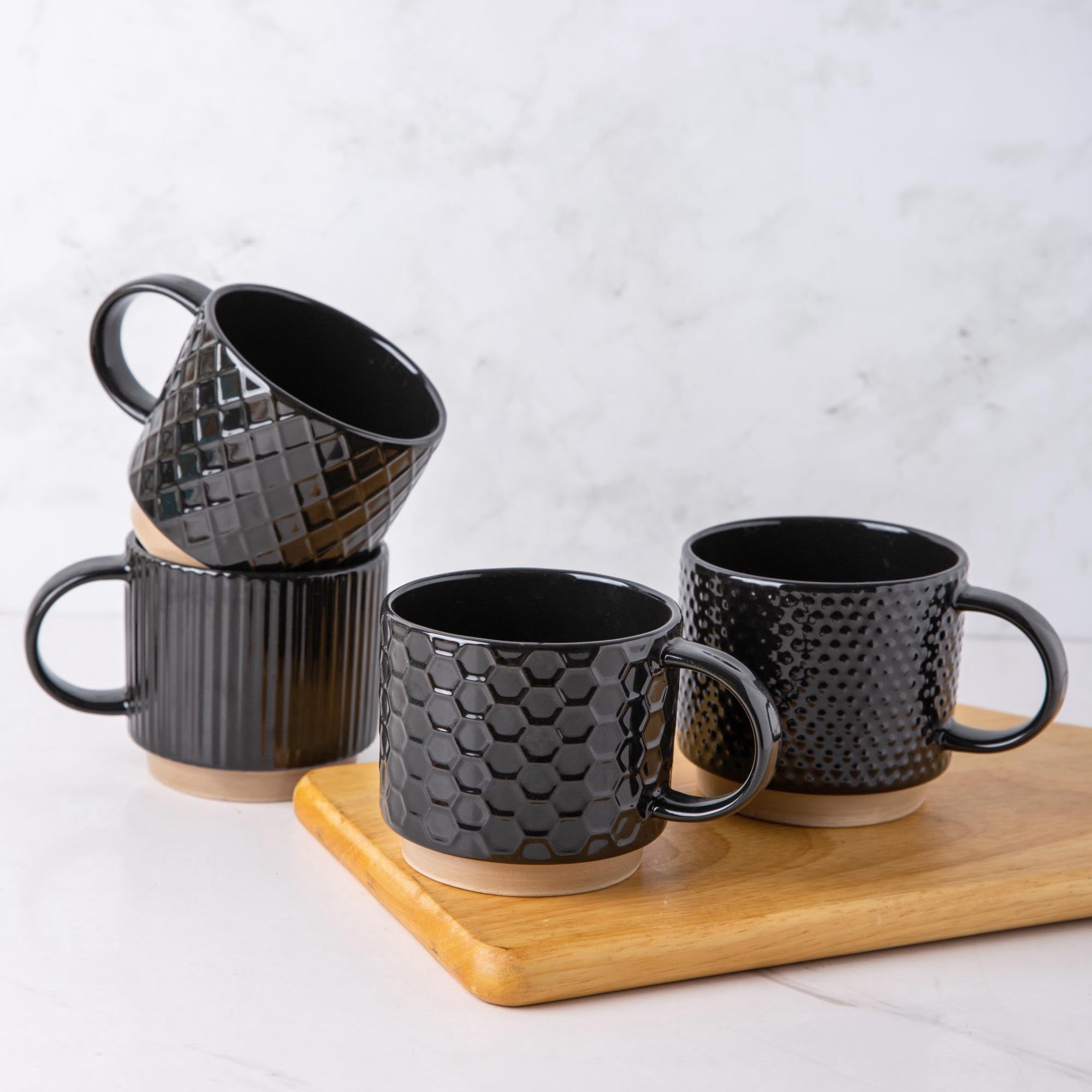 Photo 1 of GBHOME 15OZ Stackable Coffee Mugs, Ceramic Coffee Mugs with Texture Patterns for Man,Woman,Dad,Mom, Modern Coffee Cups Set of 4 for Latte/Cappuccino/Cocoa. Dishwasher&Microwave Safe?Black
