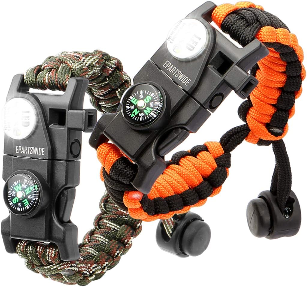 Paracord Bracelet, Survival Bracelet, 20 in 1 Survival Gear Kit with Waterproof SOS LED Light Emergency Knife Whistle Compass Fire Starter for Camping Hiking Cycling (2 Pack)