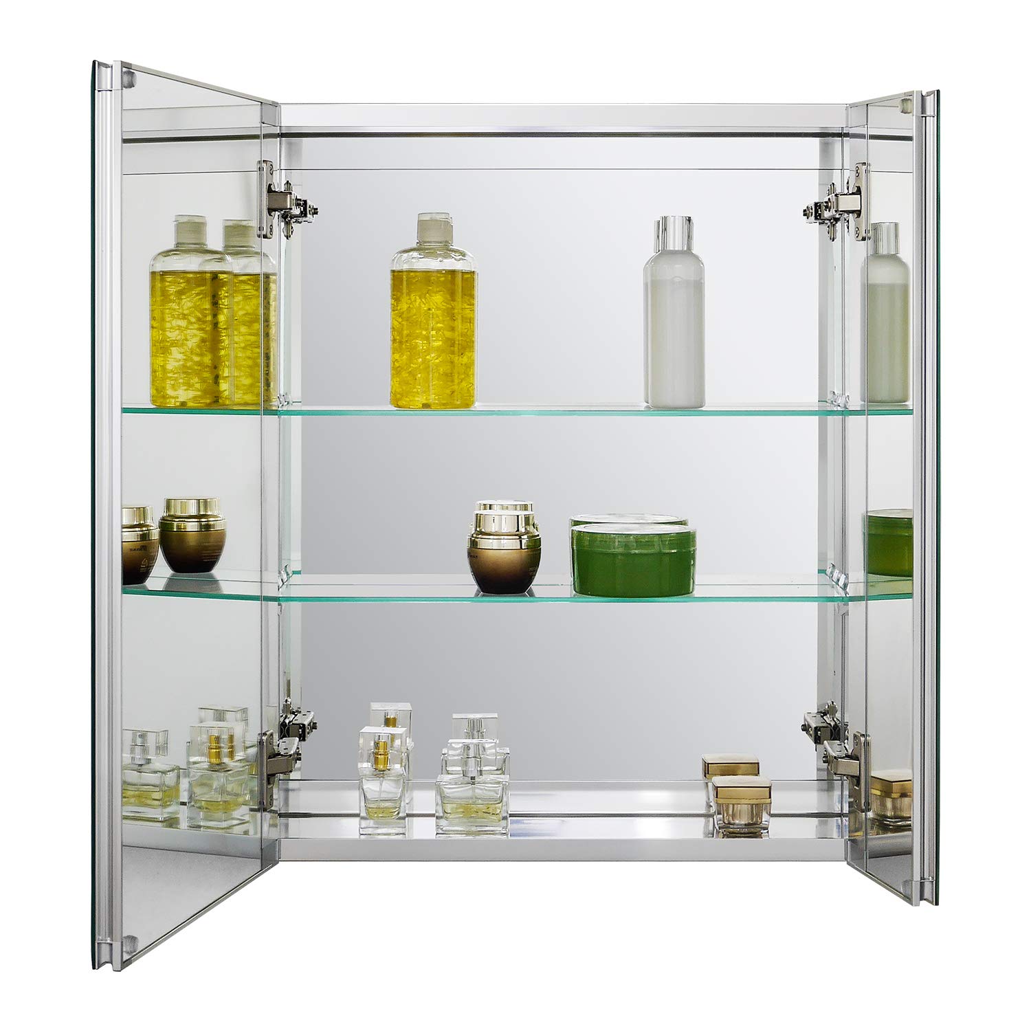 Fundin Bathroom Wall Mount Cabinet with Two Glass Shelves, 20 x 24 Inch Recess or Surface Mount Medicine Cabinet, Frameless Mirror Door Cabinet