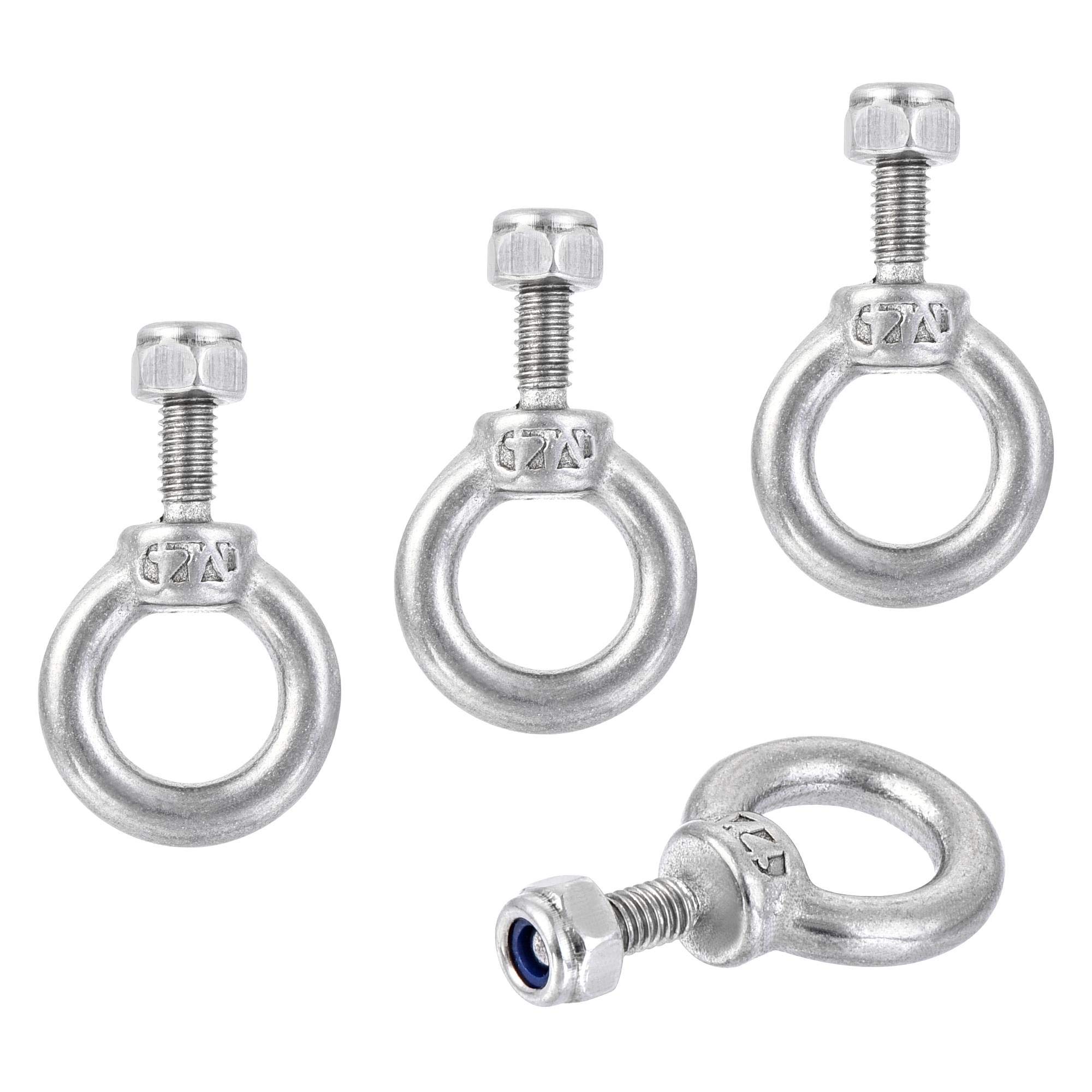 sourcing map Lifting Eye Bolt M4 x 11mm Male Thread with Hex Screw Nut for Hanging Securing Chain Wire Rope, 304 Stainless Steel, 4 Sets