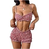Floerns Women's 2 Piece Outfit Plaid Crop Cami Top with Ruffle Mini Shorts Set