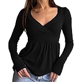 Women Long Sleeve Lace Trim Shirt Cute Wrap V Neck Slim Fit Solid Color Babydoll Top Y2k Fairy Grunge Top Streetwear