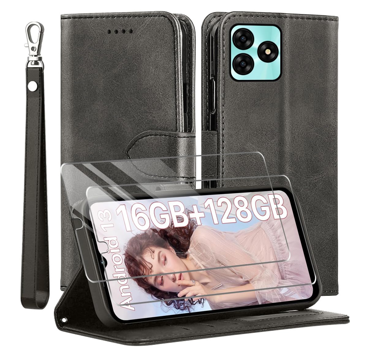 TTYSHTT Leather Wallet Case for Umidigi G5/G5A with Tempered Glass Screen Protector, Magnetic Closure, Kickstand, Shockproof - Black