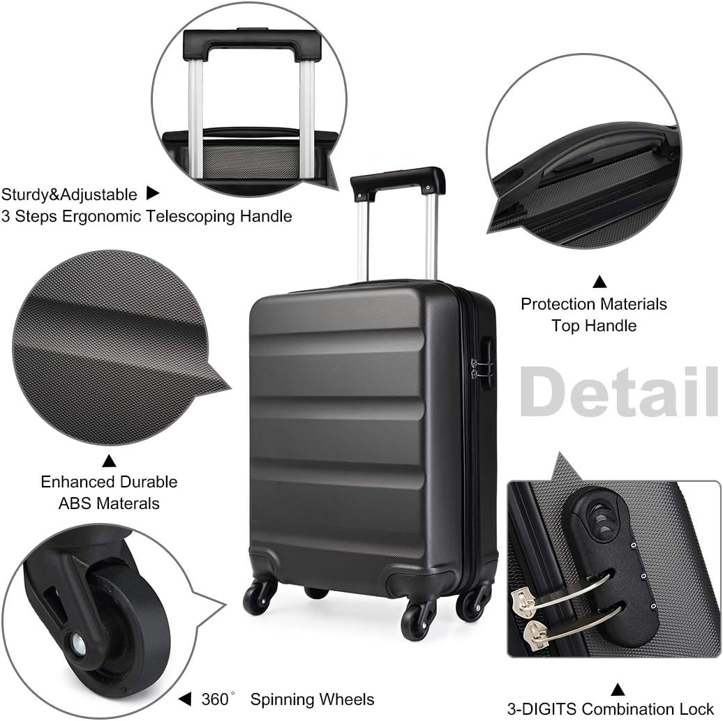 Kono Carry On Suitcase Small Lightweight Hand Luggage with 4 Spinner Wheels & TSA Lock ABS+PC Hardshell Cabin Bag Travel Case (Grey) - Image 4