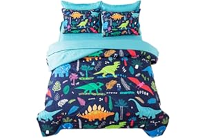 qjmiaofang 7 Pieces Dinosaur Bedding Full Size for Kids Boys Jungle T-Rex Comforter Sets Animal Printed Bed in A Bag with Blu