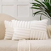 All Smiles Couch Decorative Throw Pillow Covers 12X20 Set of 2 Faux Fur Plush Soft Fluffy Lumbar Cushion Case Cozy Fuzzy Striped Pillowcase Home Decor for Bed Sofa Living Room,Cream White