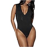MakeMeChic Women's Deep V Neck Tank Top Bodysuit Rhinestone Sparkly Sleeveless Rave Party Body Suits