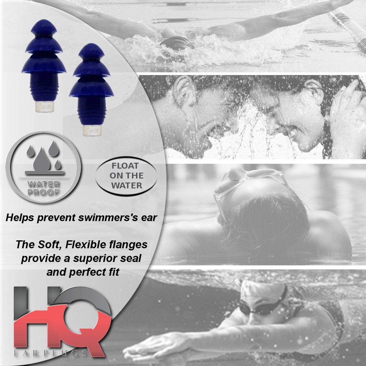 Soft Silicone Ear Plugs with Filter- Noise Cancelling & Hearing Protection By HQ Earplugs - NRR 25 to 29db – Water Block Ends – One Size Fits All (Blue)