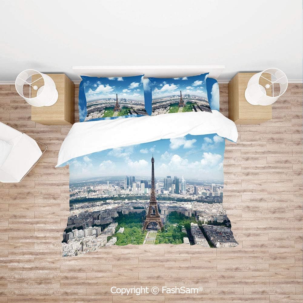 FashSam Duvet Cover 4 Pcs Comforter Cover Set Aerial View of Eiffel Tower Skyline Cloudy Day Famous French Town City Picture Decorative for Boys Grils Kids(Single)