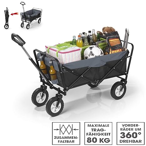 EASYmaxx Bollerwagen faltbar mit Reifen für Vatertag, einkaufen, klappbar, Transportwagen ohne Dach mit Abdeckhaube, verstärk