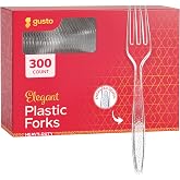 GUSTO Heavy Duty Disposable Clear Plastic Forks [300 Count] Engraved Design | Elegant, Strong &amp; Sturdy, Won&rsquo;t Crack or Warp, BPA-Free, Heat-Resistant, Hot or Cold Foods, Parties, Events &amp; Dinners