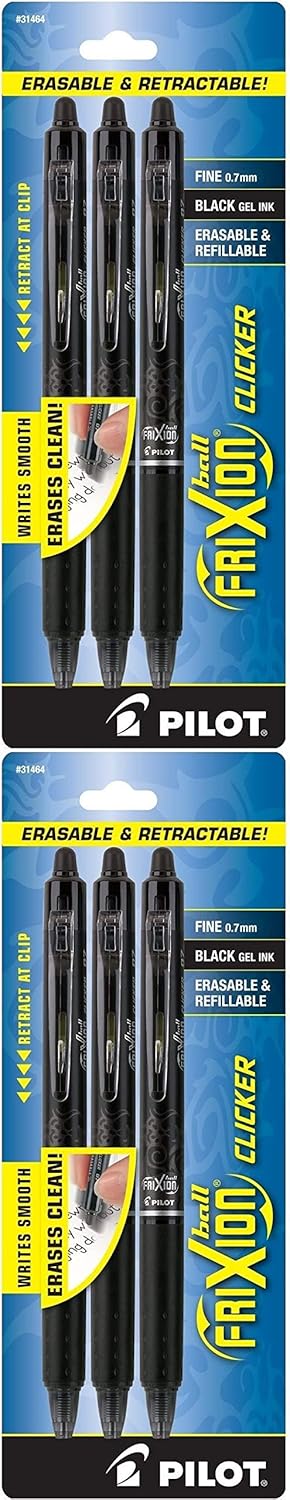 PILOT FriXion Clicker Erasable, Refillable & Retractable Gel Ink Pens, Fine Point, Black Ink, 3-Pack (31464): Office Products