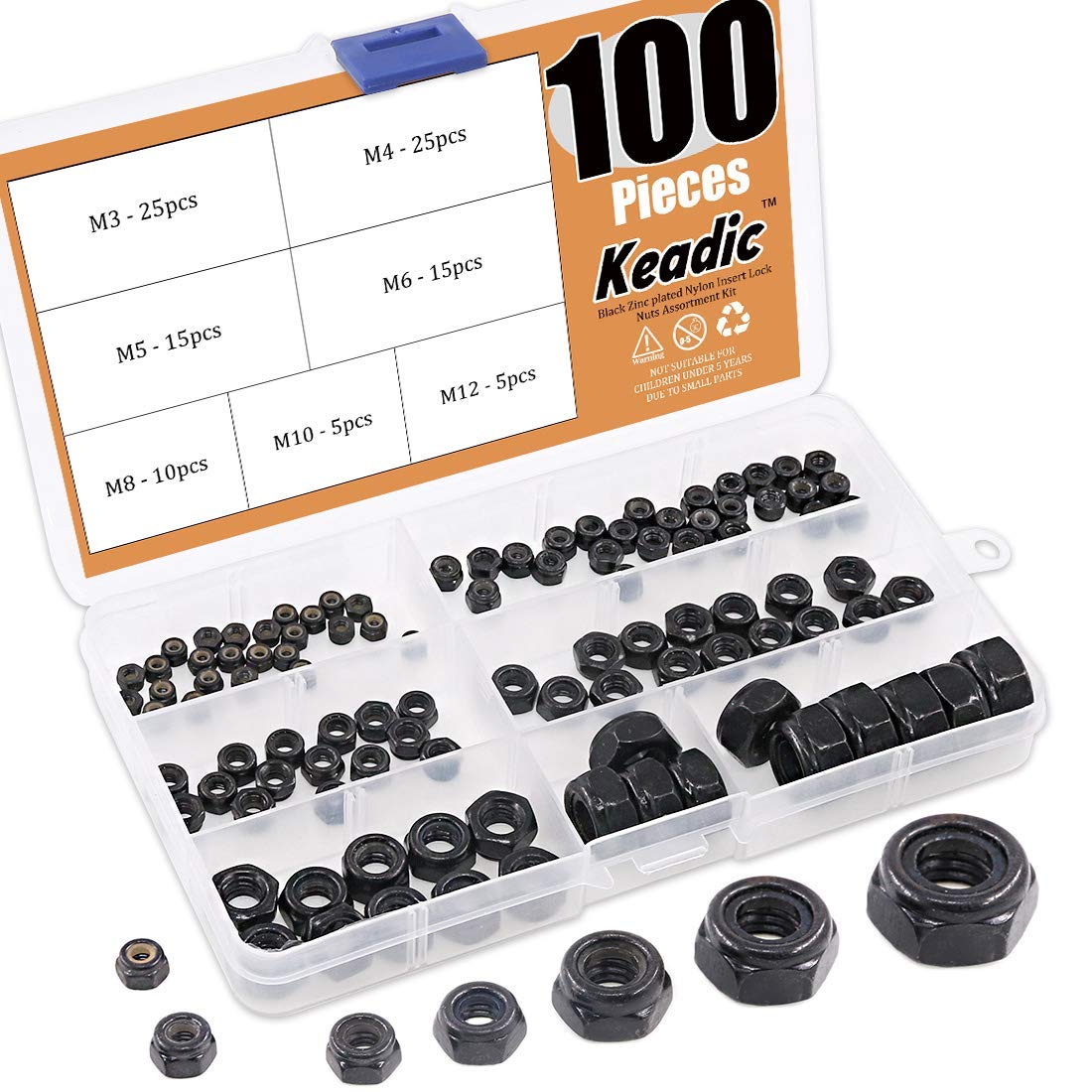 Keadic 100 Pieces Black M12/M10/M8/M6/M5/M4/M3 Hex Lock Nuts Carbon Steel Nylon Insert Locknut Assortment Threaded Inserts Hex Nut Set Assorted Nylon Locking Nuts