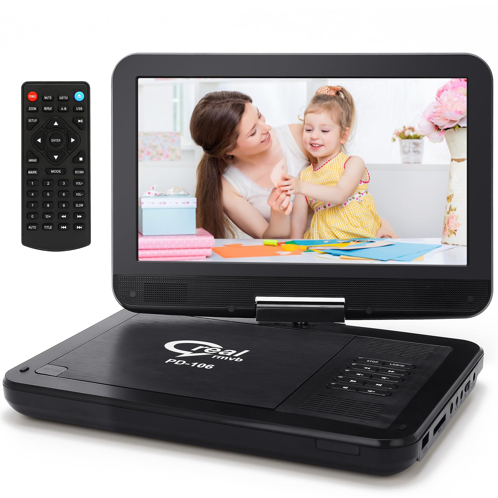 Photo 1 of 12.5" Portable DVD Player for Kids and Car with 10.1" Swivel Screen, 4-6 Hours Working Time, Car DVD Player with Dual Speakers, Remote Control, Support Sync TV, Region Free USB/SD/AV ((Black)