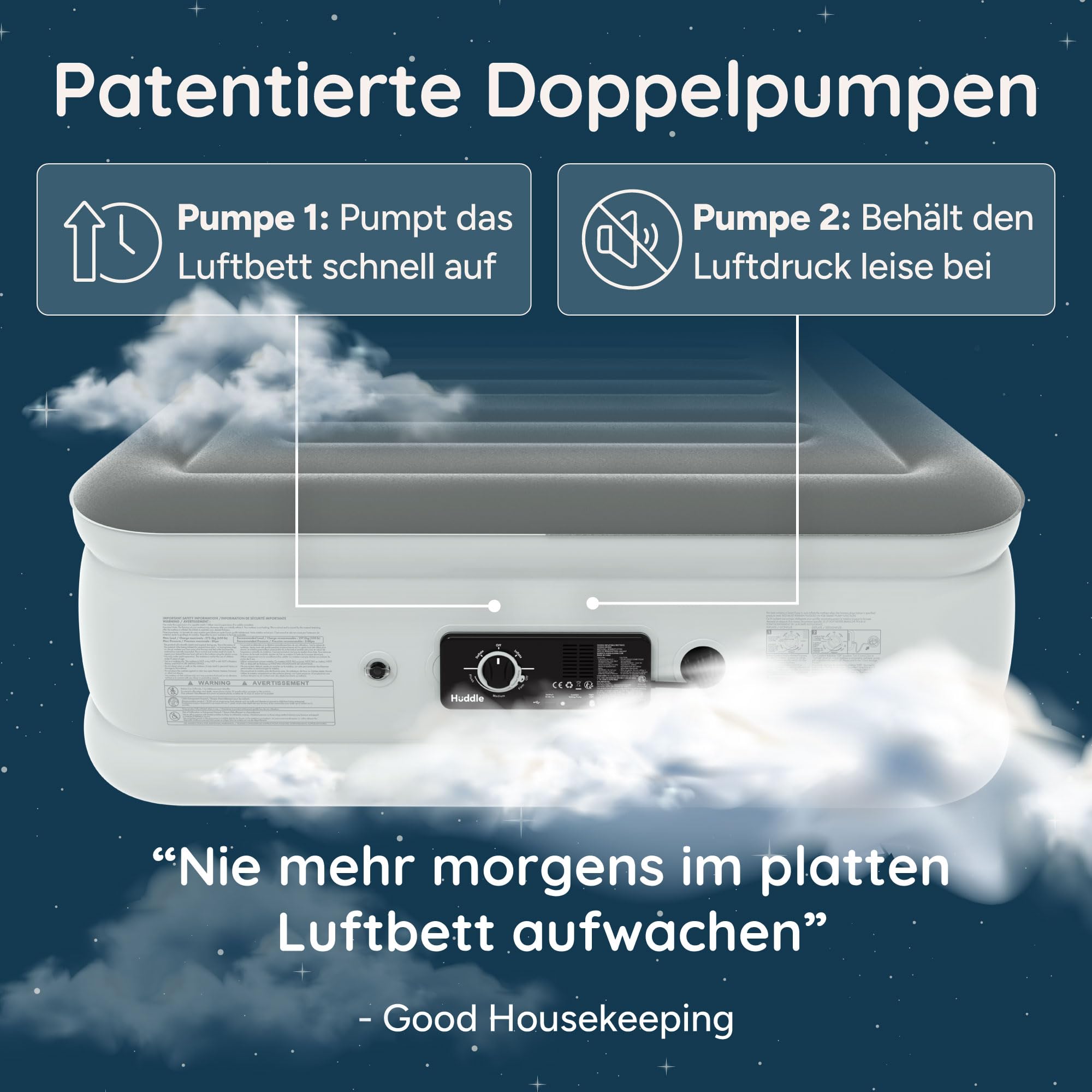 Huddle Never Deflate™ Luftbett 2 Personen 150 x 200 x 46 cm, selbstaufblasende Luftmatratze mit Pumpe, perfekte Gästematratze & Campingmatratze, USB-C-Port & Nachtlicht 3